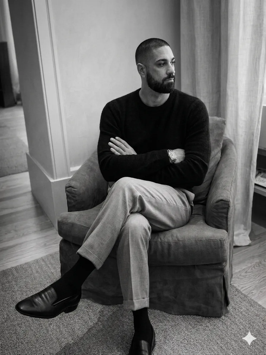 Christian Riveira sentado, retrato editorial en blanco y negro